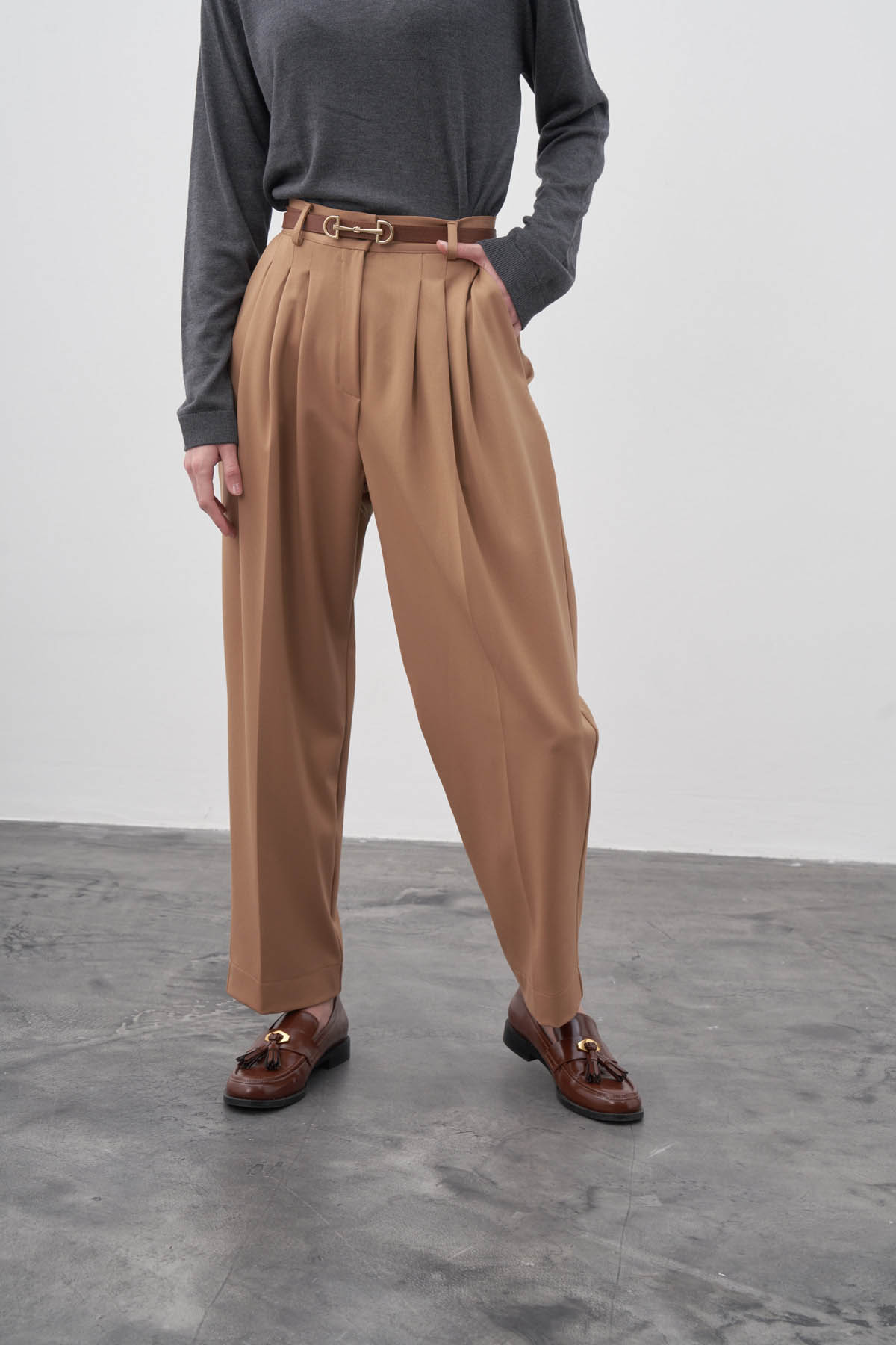 ARELLA Pleated Camel Trousers